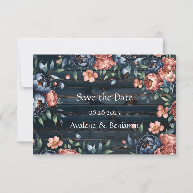 Save The Date Bouquet de mariage en bois de pivoines bleu marine (Devant)