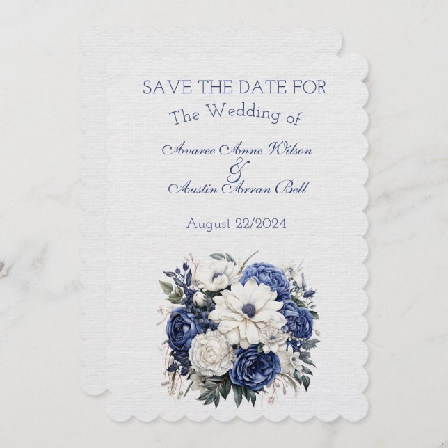 Save The Date Bouquet de Mariage floral bleu et blanc (Devant / Derrière)