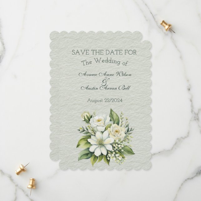 Save The Date Bouquet de Mariage vert et blanc (Devant/Arrière en situation)