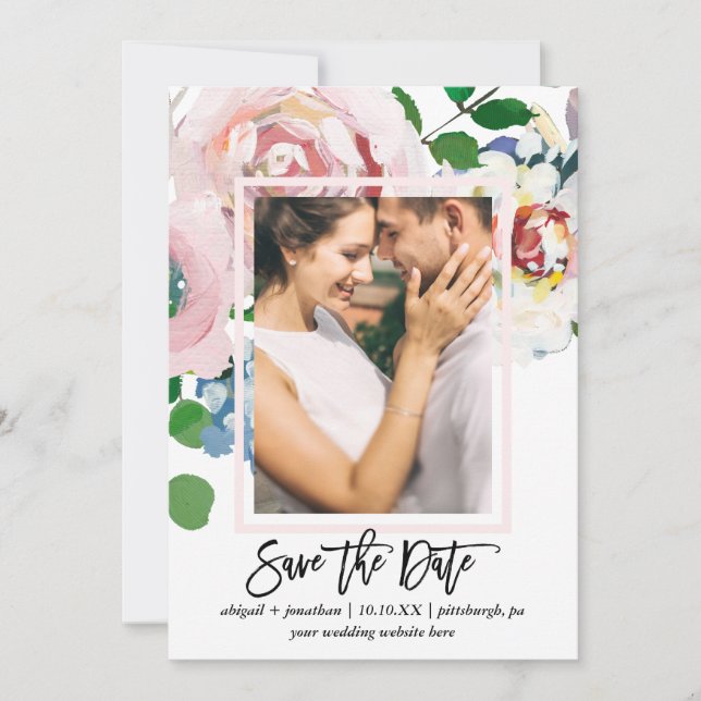 Save The Date Bouquet floral chic avec pinceau Script Deux photo (Devant)