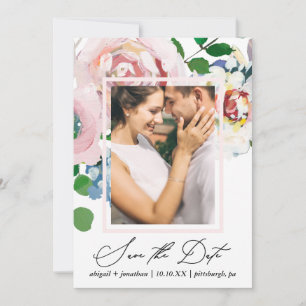 Save The Date Bouquet floral chic et aquarelle à cadre deux phot