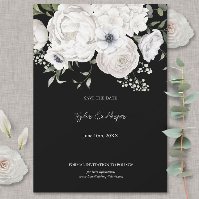 Save The Date Bouquet floral élégant noir et blanc Moderne (Créateur téléchargé)