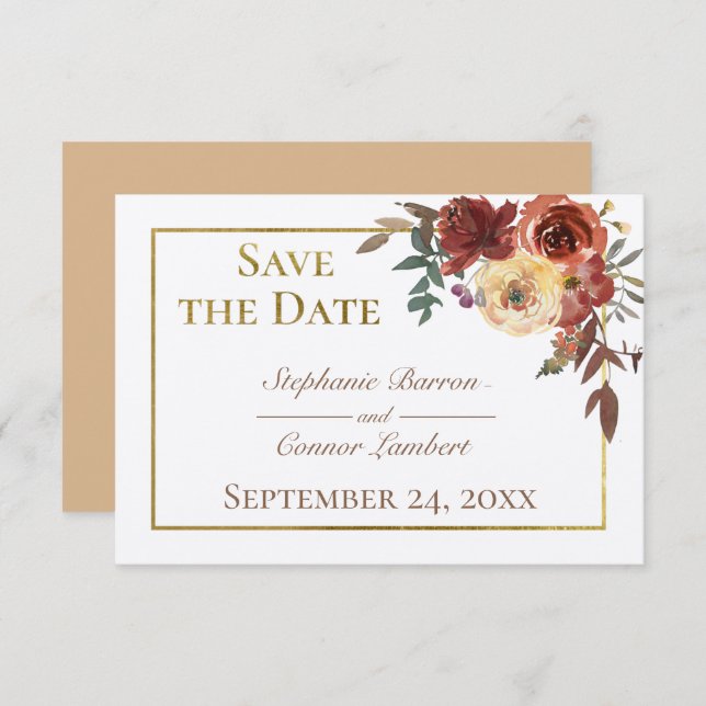 Save The Date Bouquet floral ivoire avec Mariage or (Devant / Derrière)