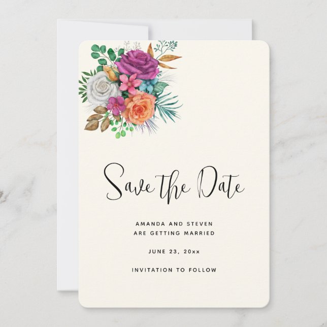 Save The Date Bouquet floral rose, orange et blanc (Devant)