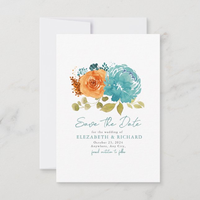 Save The Date Bouquet orange turquoise brûlé automne floral (Devant)