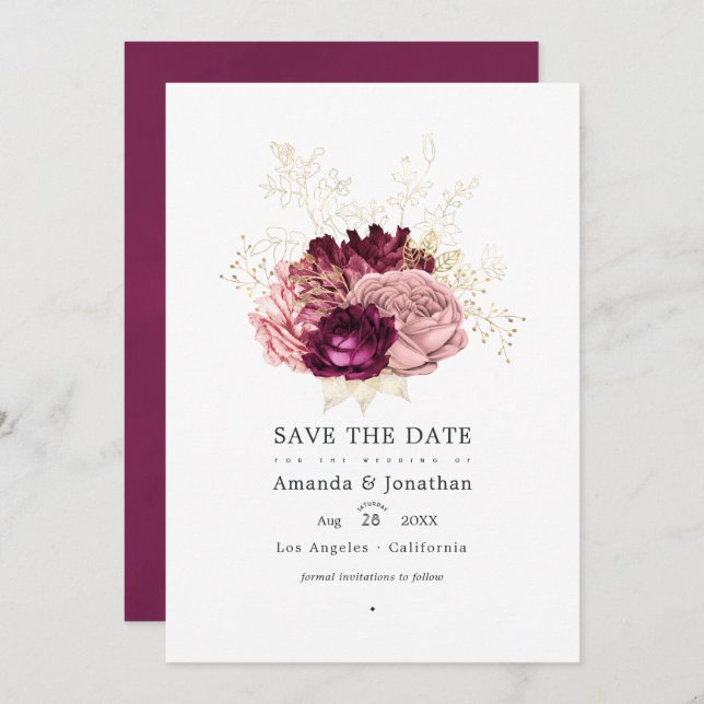 Save The Date Bourgogne - Blush Rose Marsala et Or Mariage (Devant / Derrière)