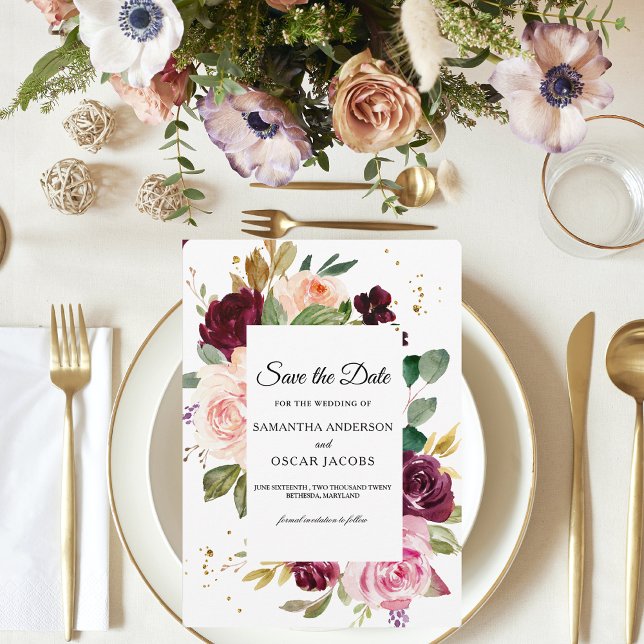 Save The Date Bourgogne capricieux Floral | Aquarelle rustique (Créateur téléchargé)