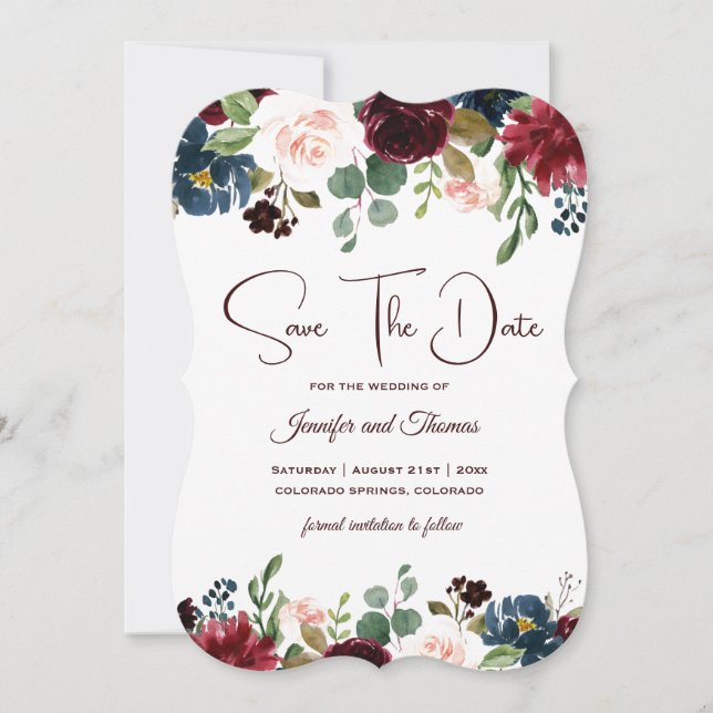 Save The Date Bourgogne et bleu Mariage anglais Fleurs (Devant)