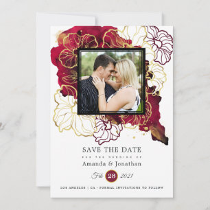 Save The Date Bourgogne et or Abstrait Floral Mariage photo