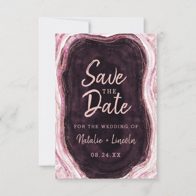 Save The Date Bourgogne et Rose Gold Geode Agate Marbre Moderne (Devant)