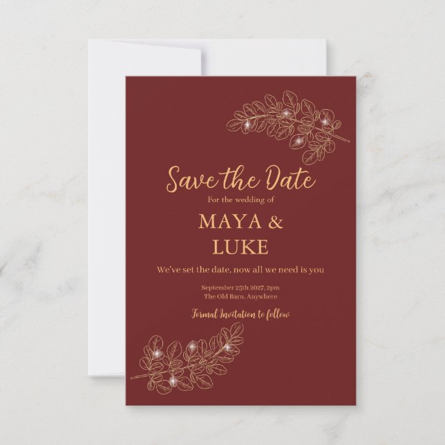 Save The Date Bourgogne feuille d'or moderne (Devant)