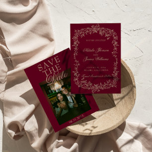 Save The Date Bourgogne Floral Beige Ancien Argent Photo Mariage