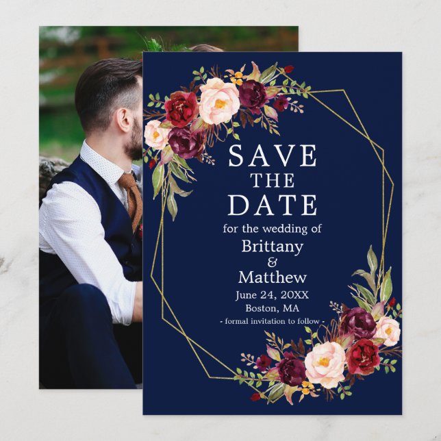Save The Date Bourgogne Floral Blue Gold Geo Frame Photo (Devant / Derrière)