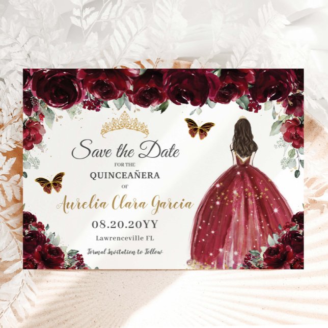 Save The Date Bourgogne Floral Princess Gold Quinceañera Sweet 1 (Créateur téléchargé)