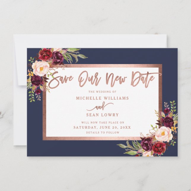 Save The Date Bourgogne Floral Rose Gold Navy Bleu (Devant)