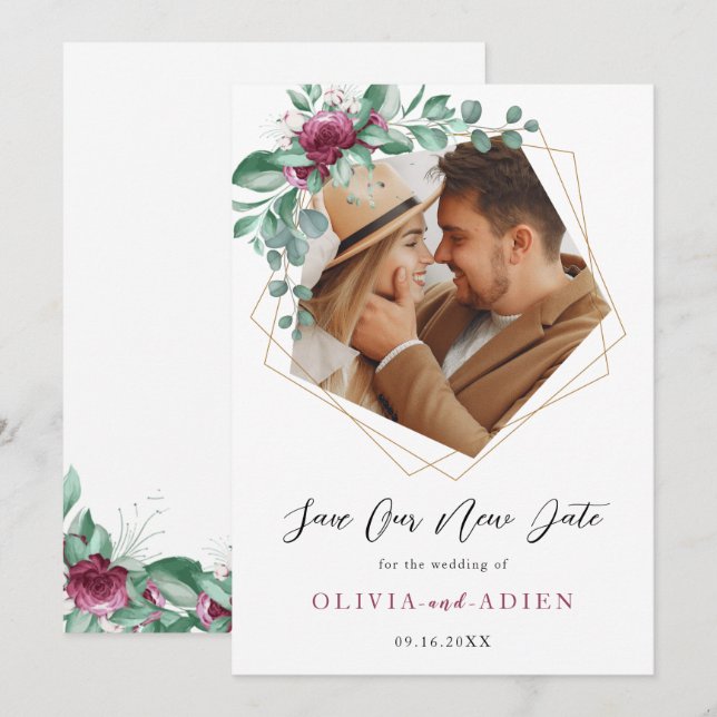 Save The Date Bourgogne Ivoire Fleur Géométrique Photo (Devant / Derrière)