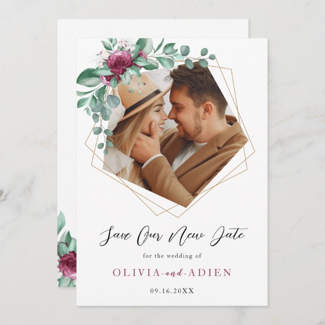Save The Date Bourgogne Ivoire Géométrique Floral Photo (Devant / Derrière)
