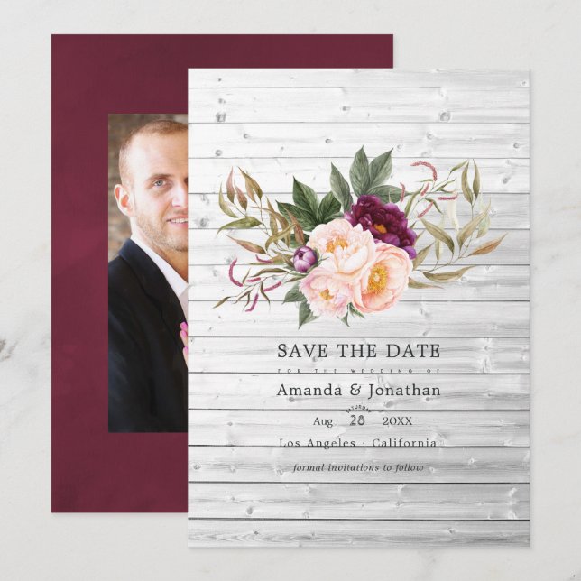 Save The Date Bourgogne - Mariage Floral Rustique au Marsala et  (Devant / Derrière)