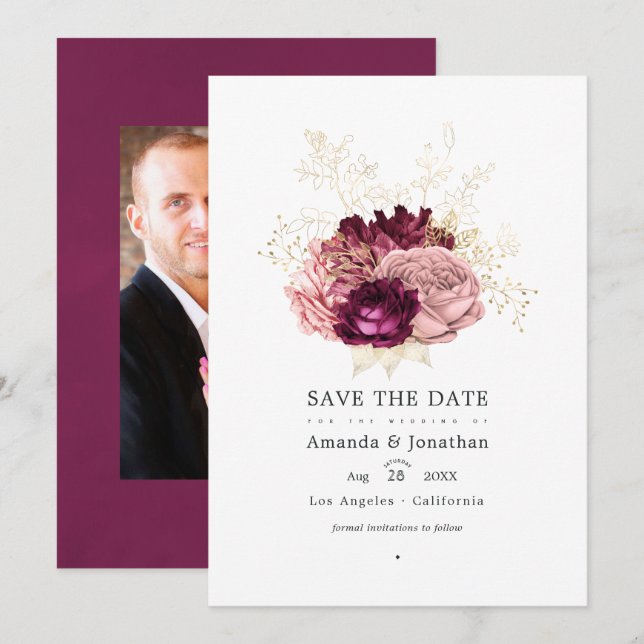 Save The Date Bourgogne - Mariage Rose Poudré et Or de Bourgogne (Devant / Derrière)