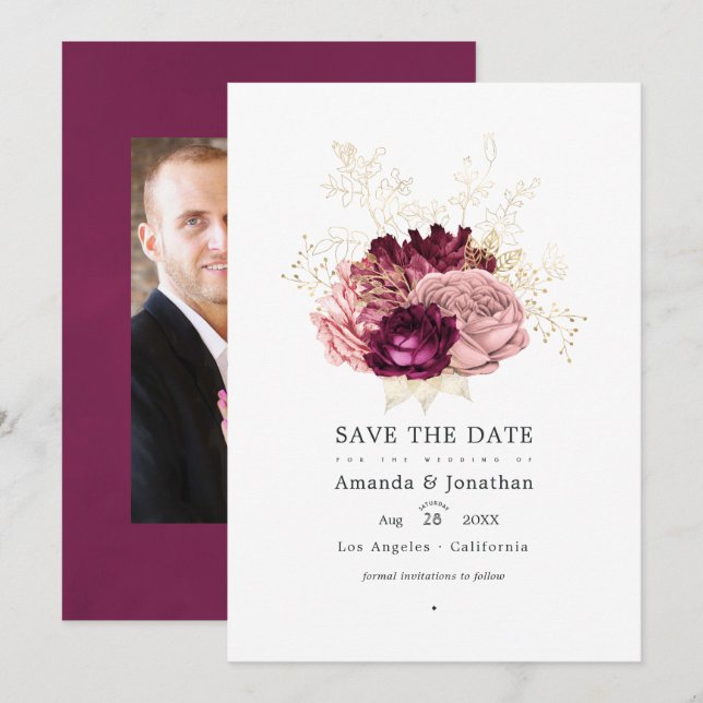 Save The Date Bourgogne - Mariage Rose Poudré et Or Marsala (Devant / Derrière)