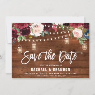 Save The Date Bourgogne Marine Fleurs Guirlande Lumineuse pot en