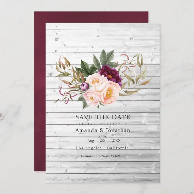 Save The Date Bourgogne - Marsala et Peach Rustic Floral Mariage (Devant / Derrière)