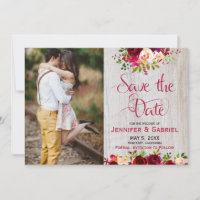 Bourgogne Marsala Floral Bois Enregistrer la Date 