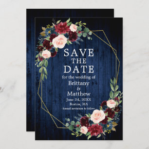 Save The Date Bourgogne Mixte Floral Blue Wood Geo Frame