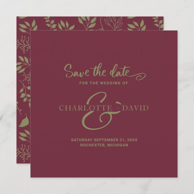 Save The Date Bourgogne moderne et mariage vert Enregistrer la d (Devant / Derrière)