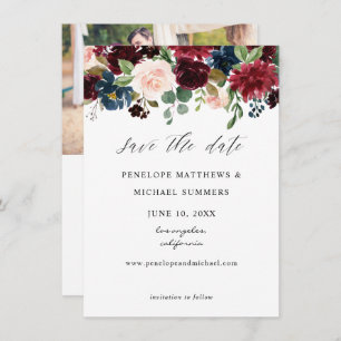 Save The Date Bourgogne, Navy & Blush Pink Floral Photo