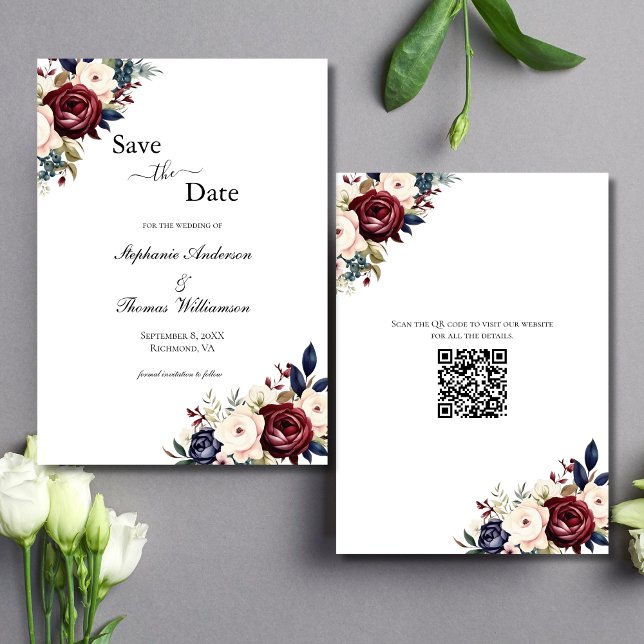 Save The Date Bourgogne Navy Crème Floral Élégant Moderne Code Q (Burgundy, Navy Blue, Cream Floral Watercolor QR code Wedding Save the Date Cards)