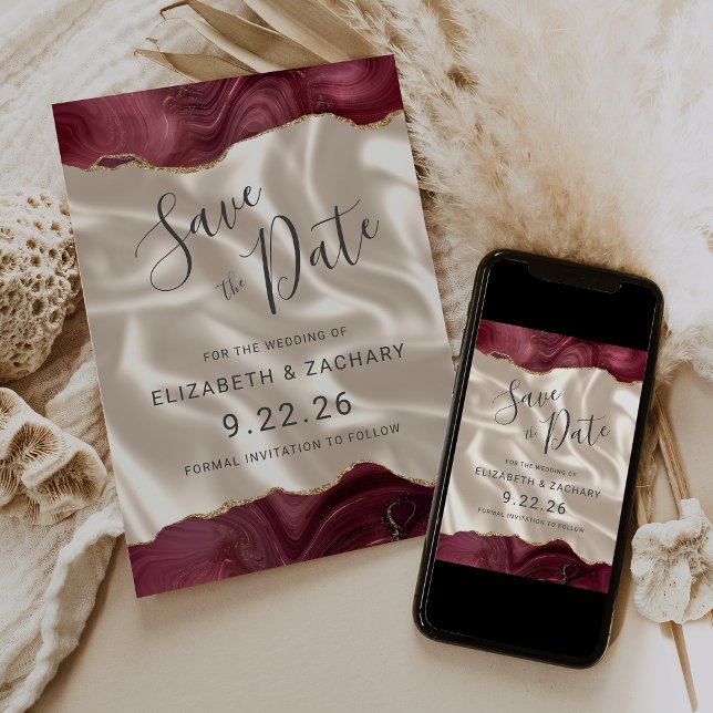 Save The Date Bourgogne Or Agate ivoire soie Enregistrer la date (Créateur téléchargé)