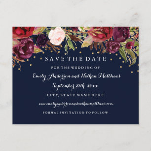 Save The Date Bourgogne Or Marine Floral Mariage Enregistrer La