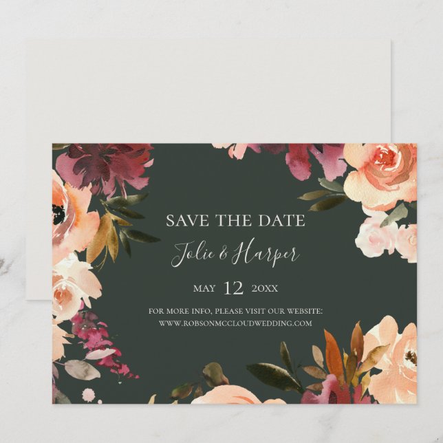 Save The Date Bourgogne orange floral vert horizontal (Devant / Derrière)