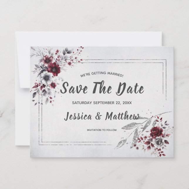 Save The Date Bourgogne profond gris argent aquarelle floral per (Devant)