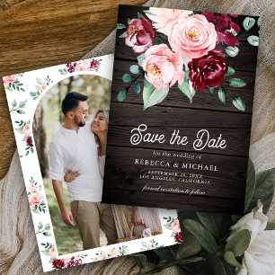 Save The Date Bourgogne Rose Fleurs Photo Bois Mariage