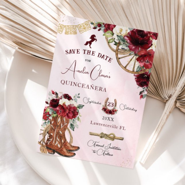 Save The Date Bourgogne Rouge Floral sauvage Ouest Charro Quince (Créateur téléchargé)