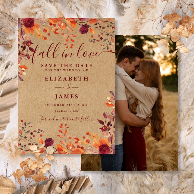 Save The Date Bourgogne Rustique Automne Photo Mariage (Burgundy Rustic Fall Autumn Photo Wedding Save The Date)