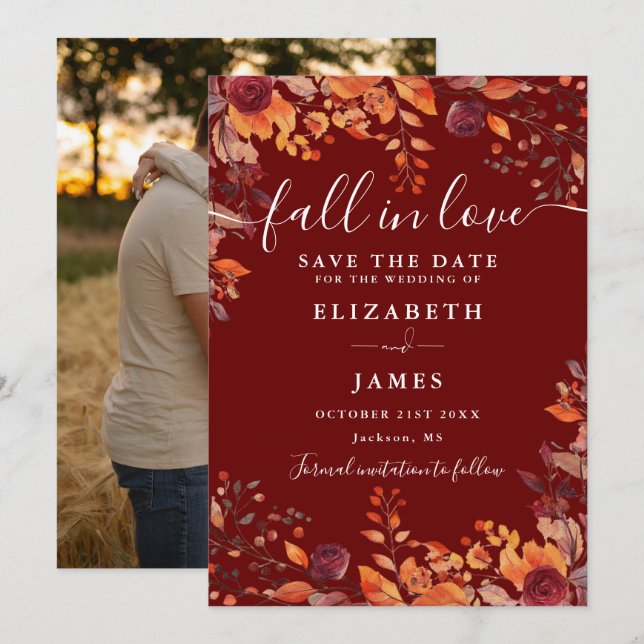 Save The Date Bourgogne Rustique Automne Photo Mariage (Devant / Derrière)
