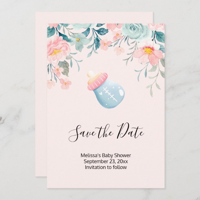 Save The Date Bouteille Bébé Bleu & Rose avec bordure Fleur (Devant / Derrière)