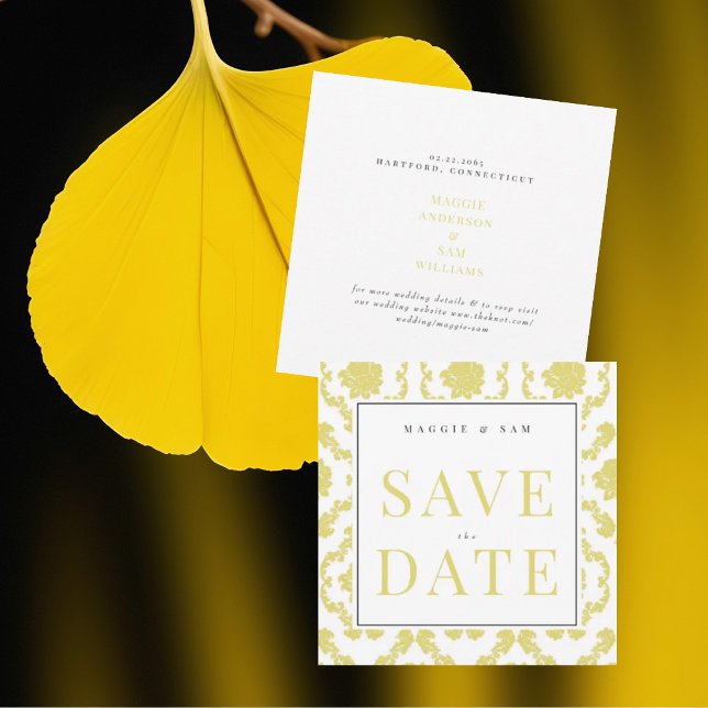 Save The Date Bouton carré Jaune Mariage damassé Date de sauvega (Créateur téléchargé)