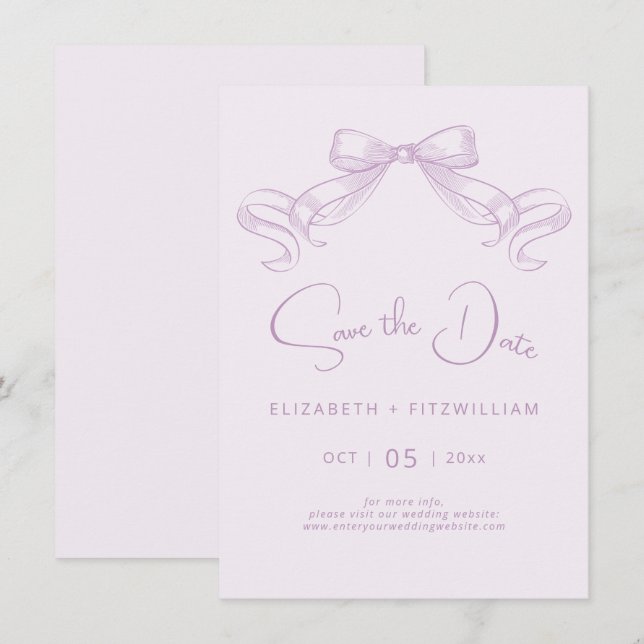 Save The Date Bow à croquis romantique | Arrière - plan Lilac (Devant / Derrière)