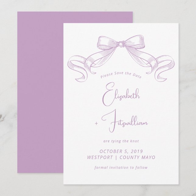 Save The Date Bow à croquis romantique | Cravate Lilac Le noeud (Devant / Derrière)