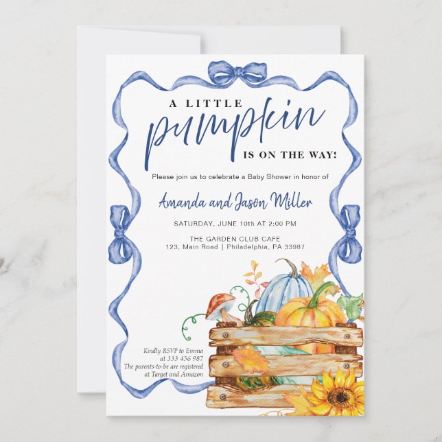 Save The Date Bow Boy Fall Baby Douche Fleurs et citrouilles (Devant)