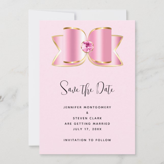 Save The Date Bow en verre rose avec Mariage en pierre angulaire (Devant)