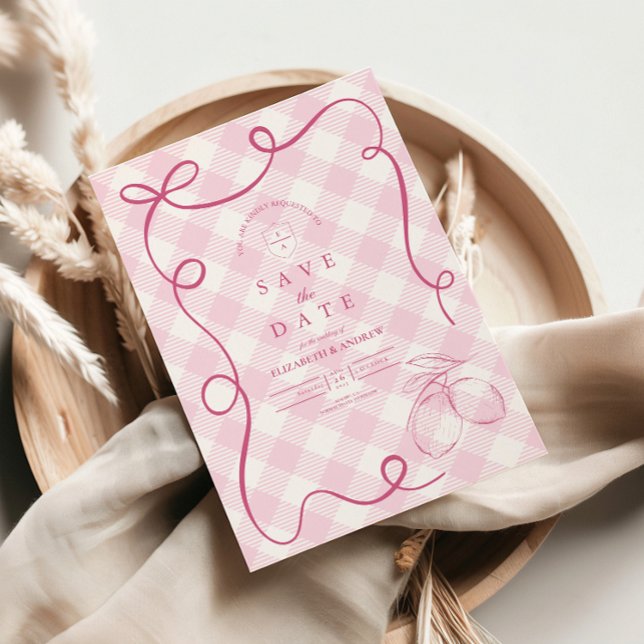 Save The Date Bow méditerranéen rose En vichy citrons Mariage (Créateur téléchargé)