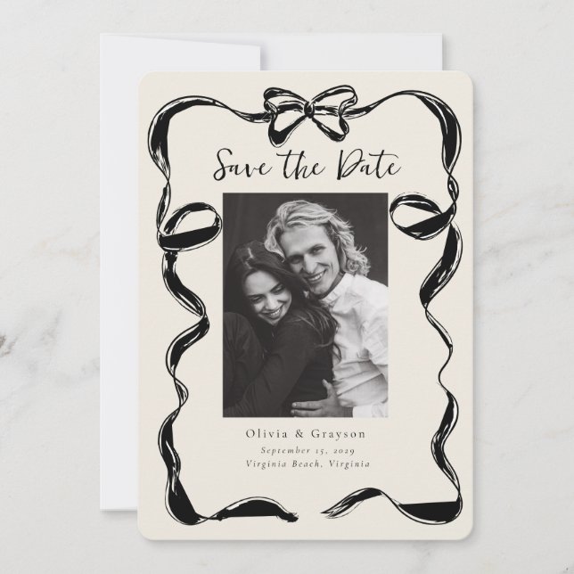 Save The Date Bow photo Whimsical Black Ivory Enregistrer la dat (Devant)