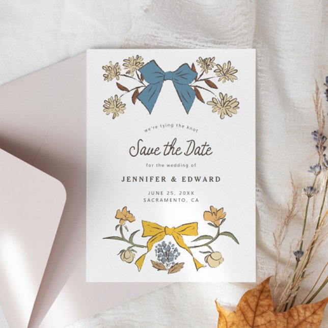 Save The Date Bows et fleurs Bleu Jaune (Créateur téléchargé)