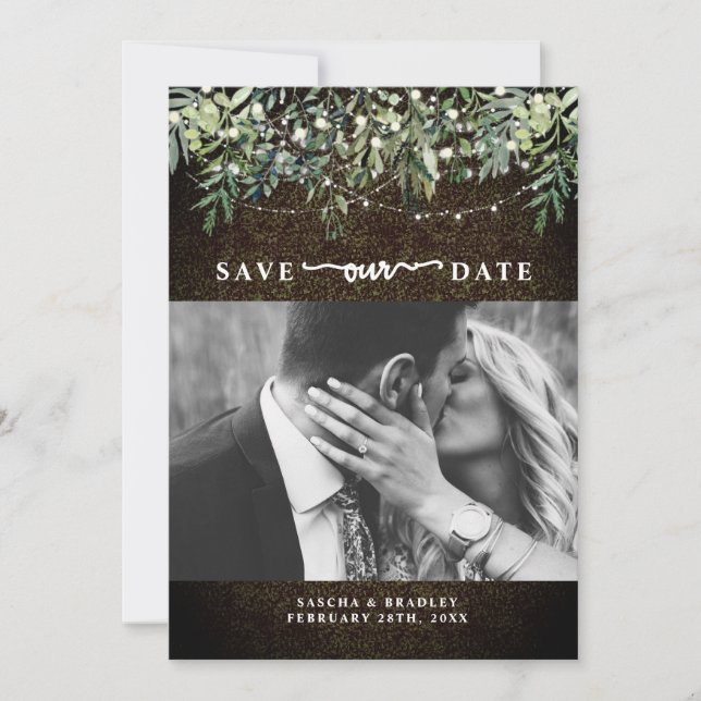 Save The Date Boxwood Botanique Chaîne Lumière Mariage photo (Devant)