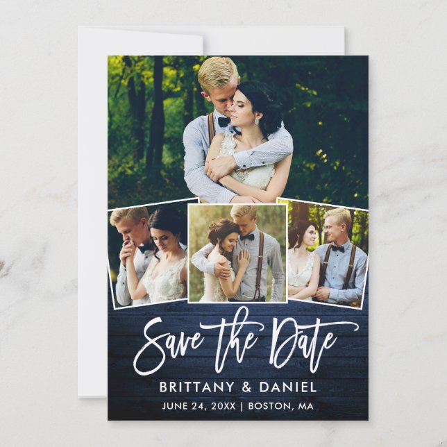 Save The Date Bracelet moderne Script Bois bleu 4 Photo Couple (Devant)